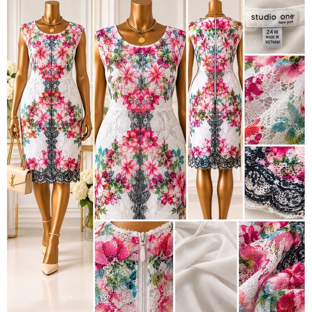 Studio One Dress Women’s 24W  Floral Midi Sheath White Pink Cottagecore